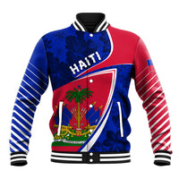 Blue and red Haiti graphic varsity baseball jacket with striped sleeves, snap buttons