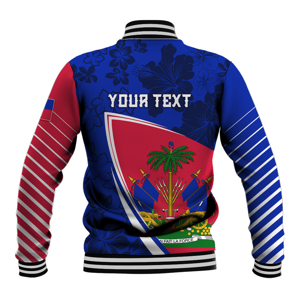 Back view blue and red varsity baseball jacket with striped sleeves and shield graphic