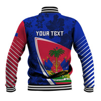 Back view blue and red varsity baseball jacket with striped sleeves and shield graphic