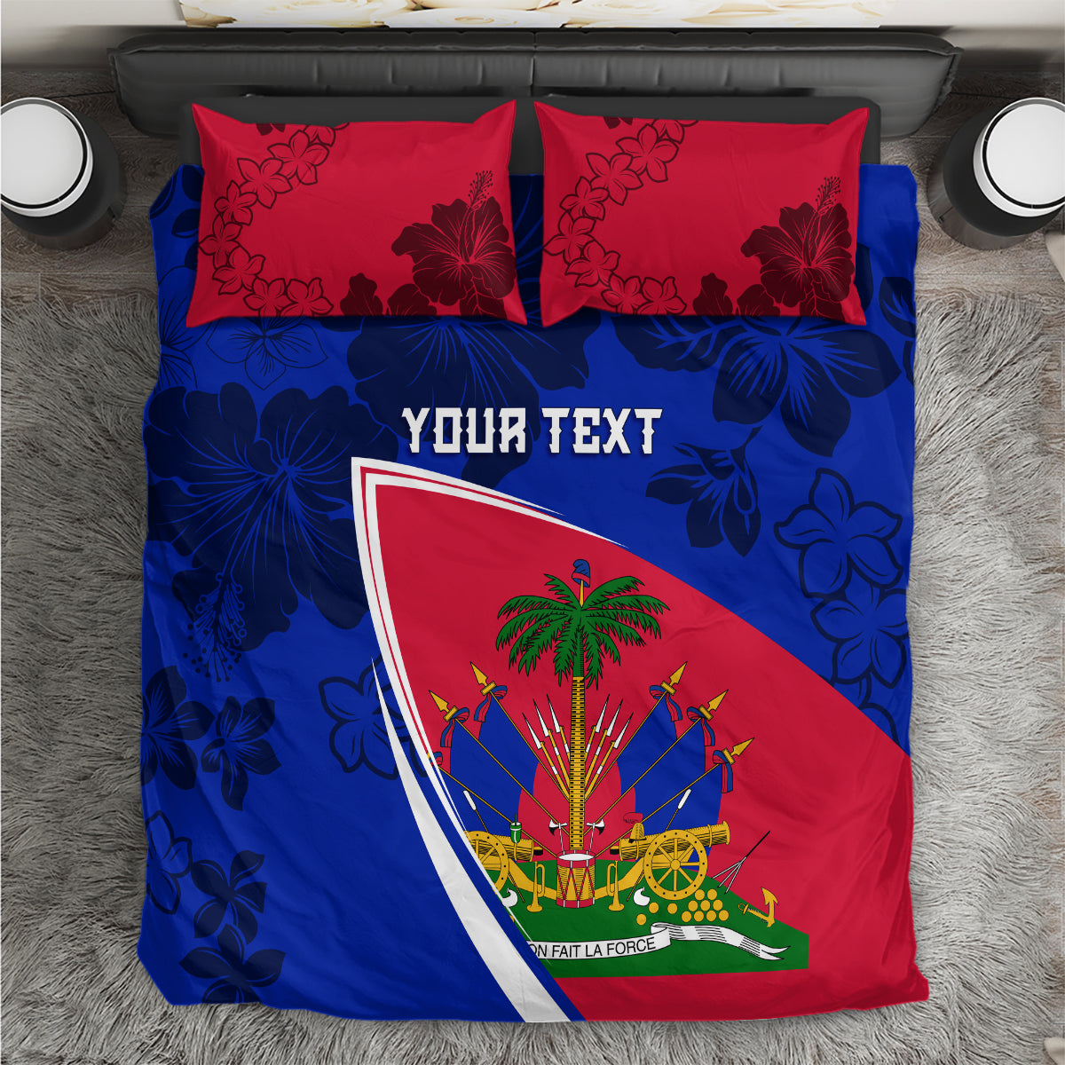Haitian flag bedding set: blue duvet with red panel and hibiscus, includes two red pillowcases