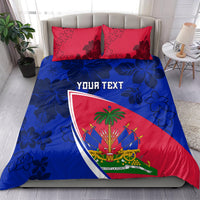 Haitian flag bedding set with blue floral duvet, red pillowcases, and 'YOUR TEXT' center