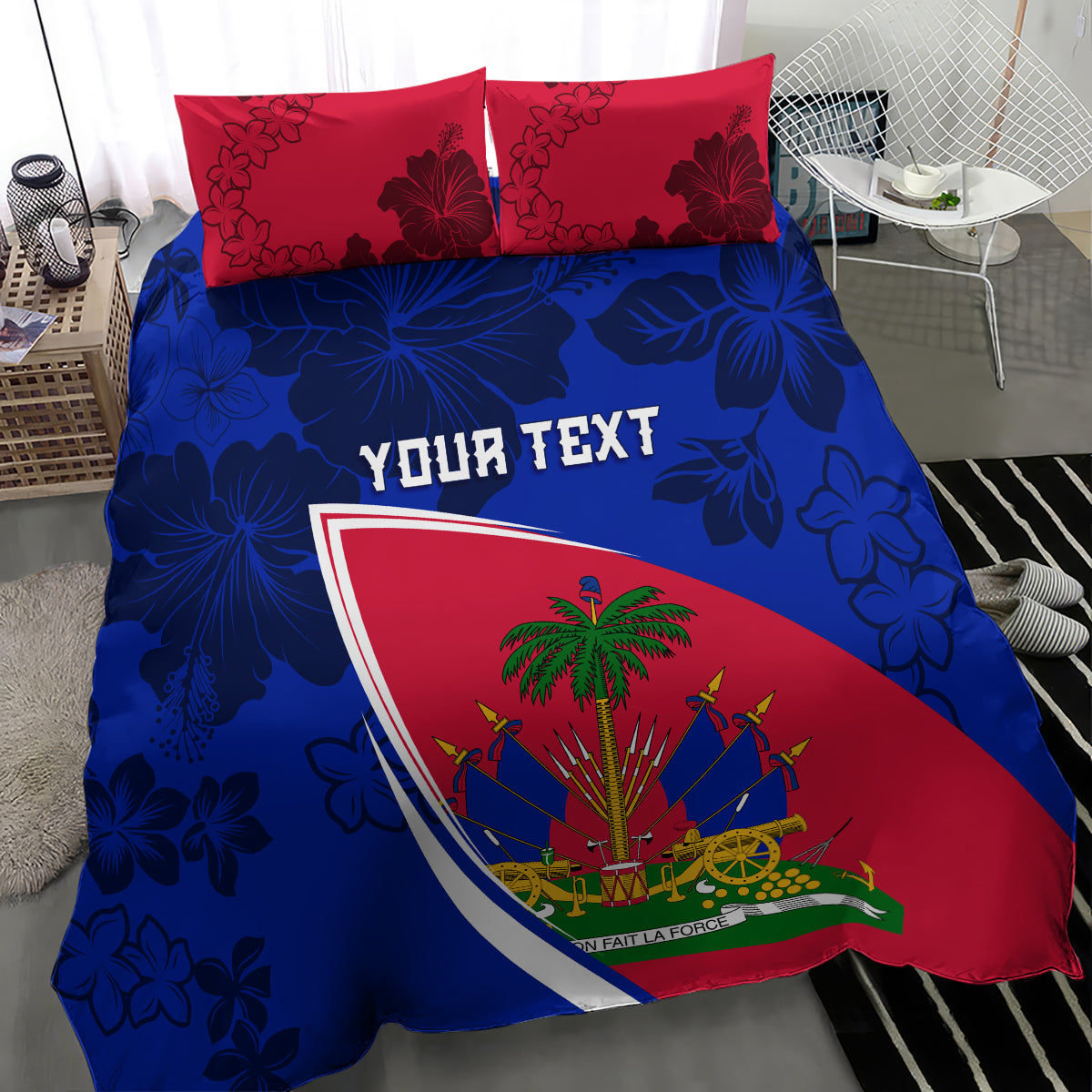 Haitian flag duvet set with blue hibiscus pattern, two red floral pillowcases, 'YOUR TEXT'