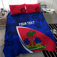 Haitian flag duvet set with blue hibiscus pattern, two red floral pillowcases, 'YOUR TEXT'