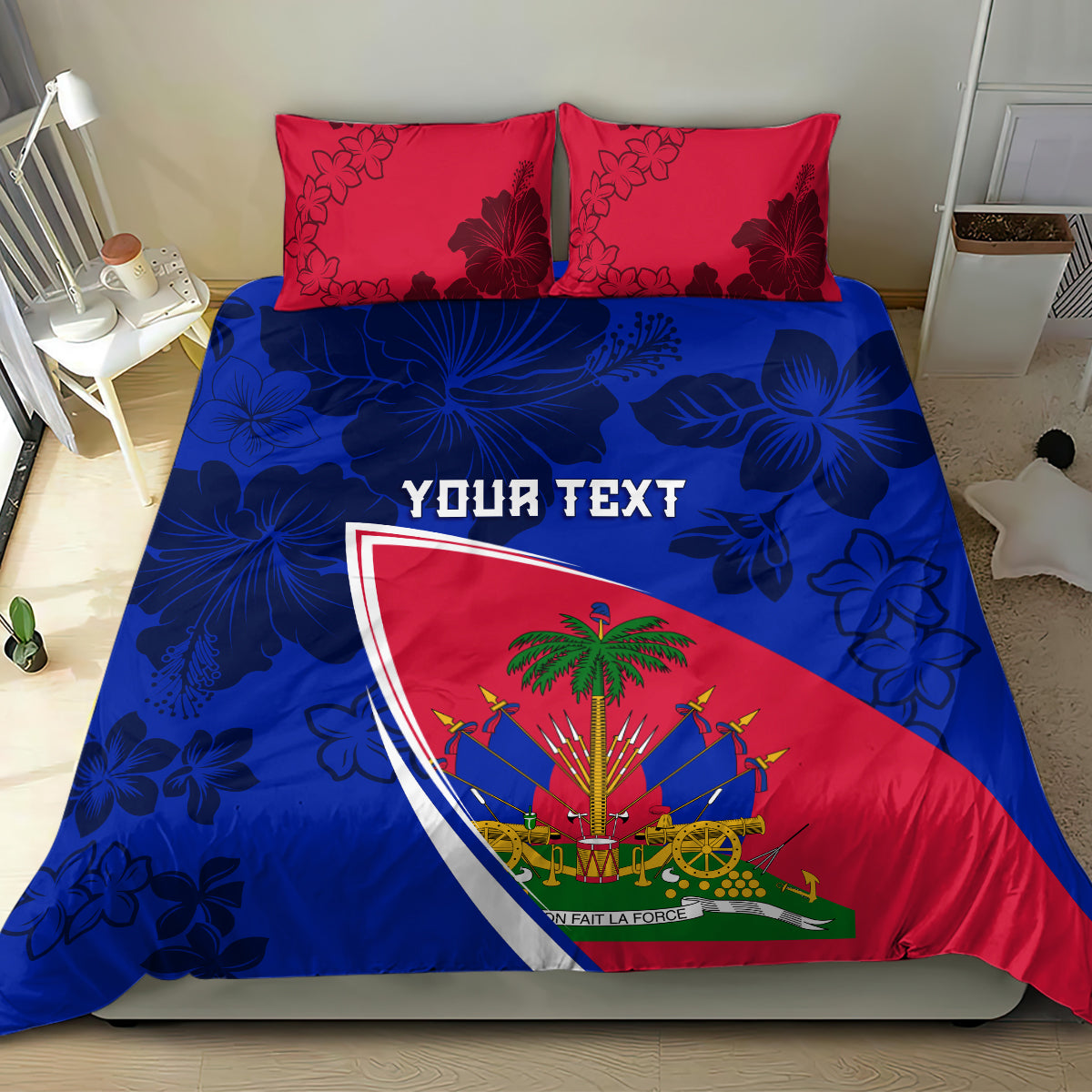 Haitian flag bedding set featuring blue floral duvet, two red hibiscus pillowcases, 'YOUR TEXT'