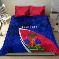 Haitian flag bedding set featuring blue floral duvet, two red hibiscus pillowcases, 'YOUR TEXT'
