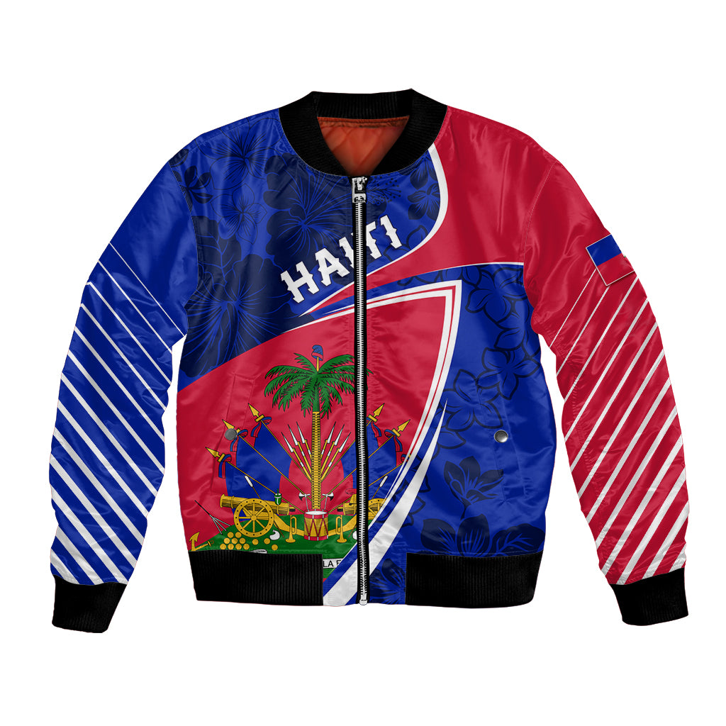 Unisex bomber jacket in blue and red with front zip and striped sleeves