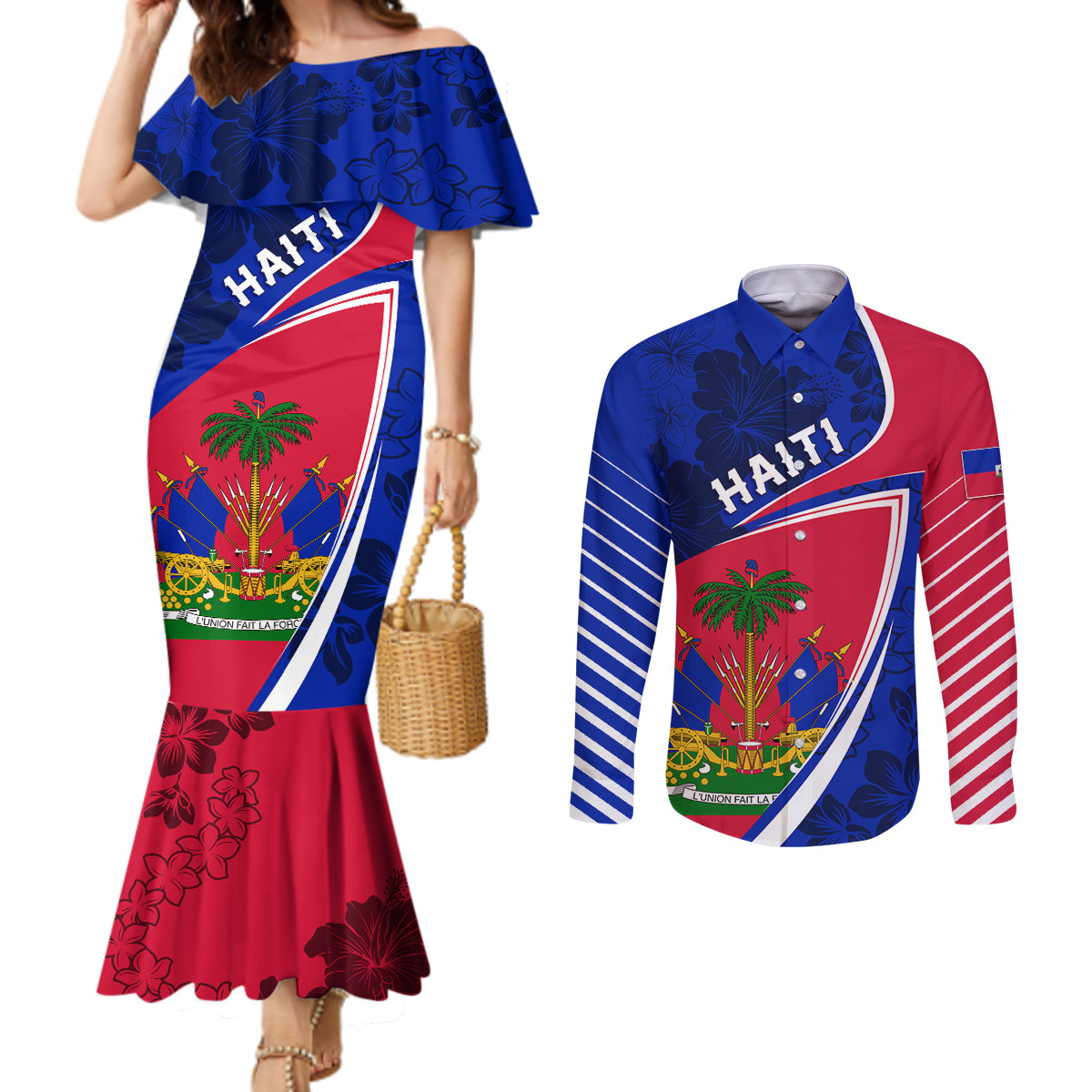 personalised-haiti-independence-anniversary-couples-matching-mermaid-dress-and-long-sleeve-button-shirt-mix-hibiscus-flag-color