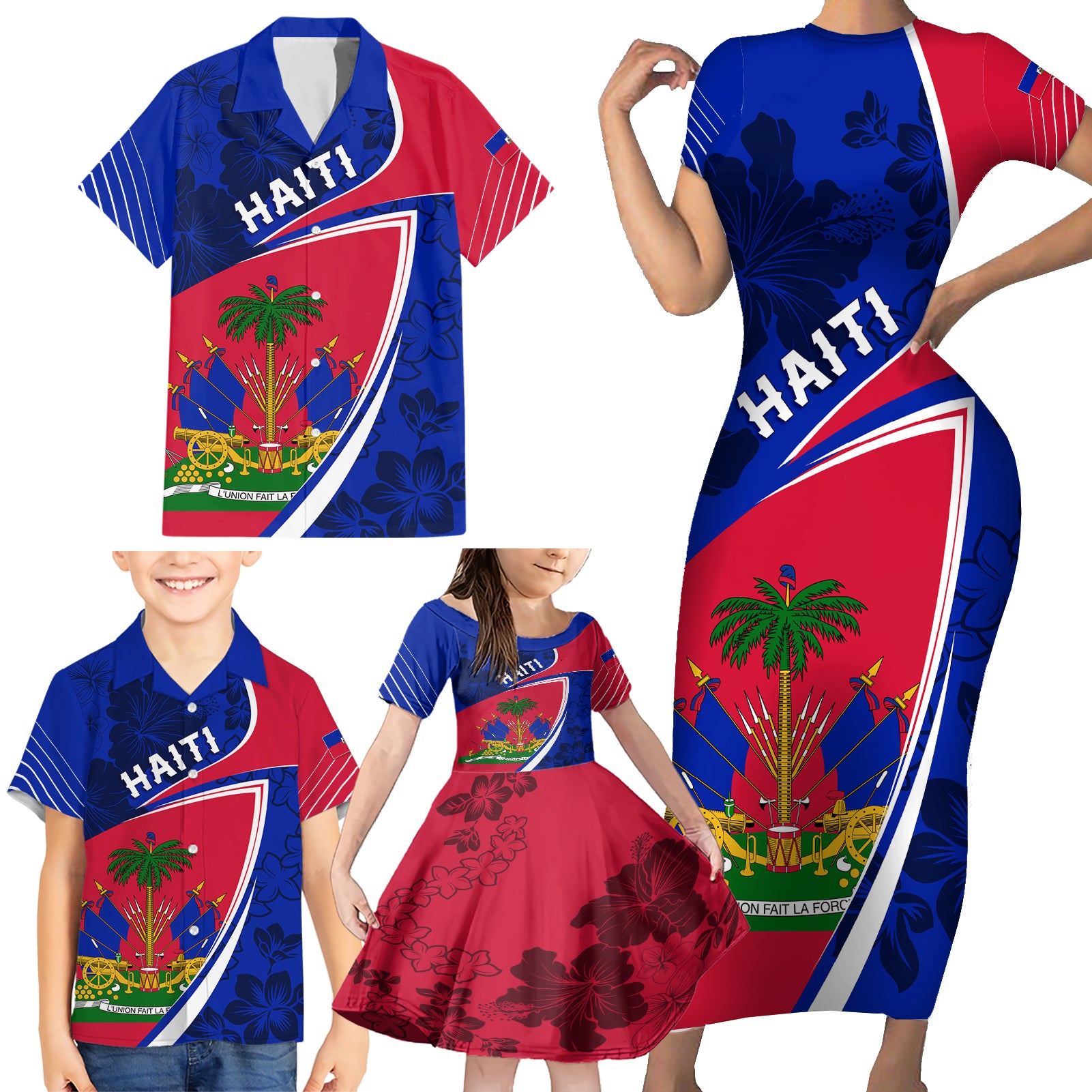 Personalised Haiti Independence Anniversary Family Matching Short Sleeve Bodycon Dress and Hawaiian Shirt Mix Hibiscus - Flag Color - Wonder Print Shop