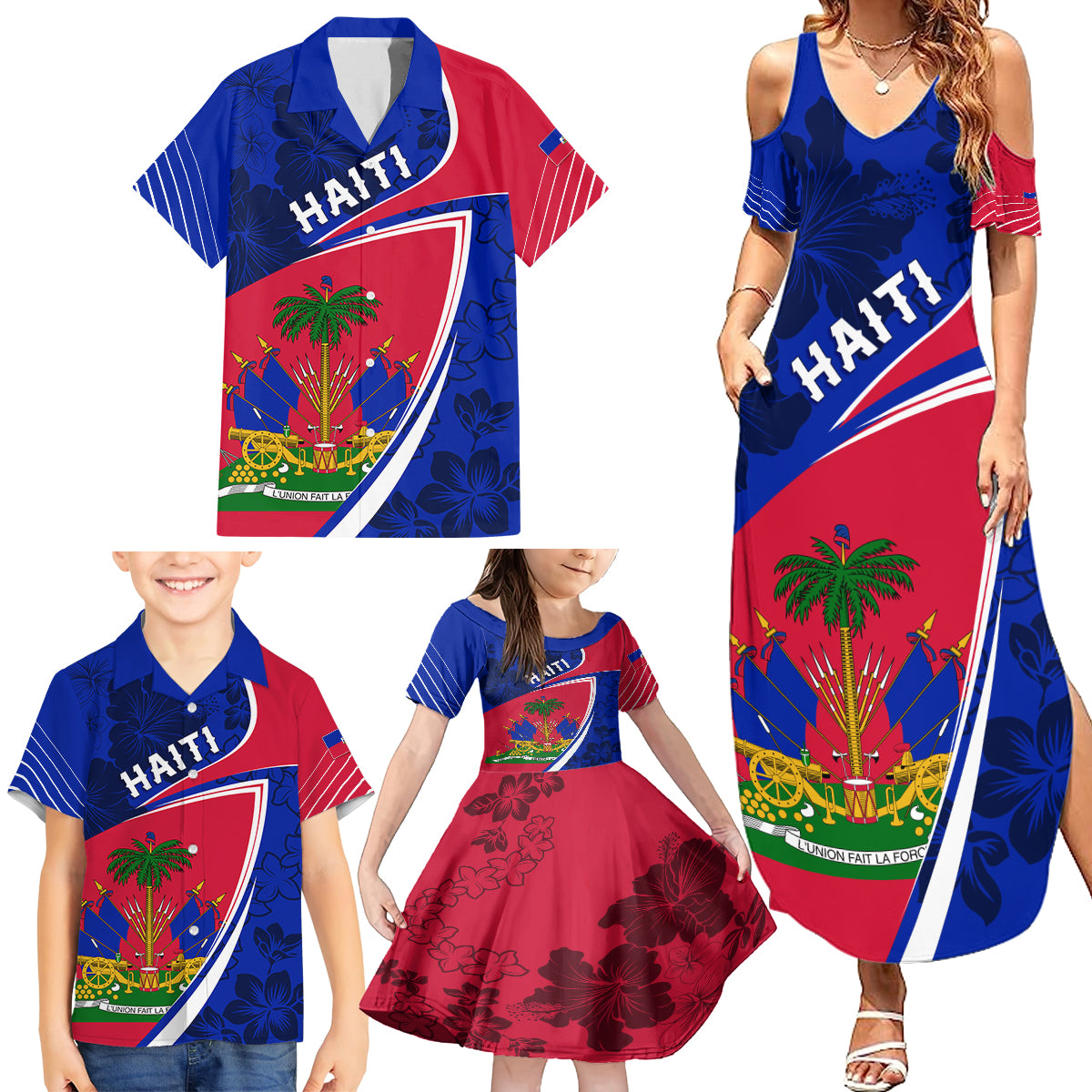 Personalised Haiti Independence Anniversary Family Matching Summer Maxi Dress and Hawaiian Shirt Mix Hibiscus - Flag Color - Wonder Print Shop