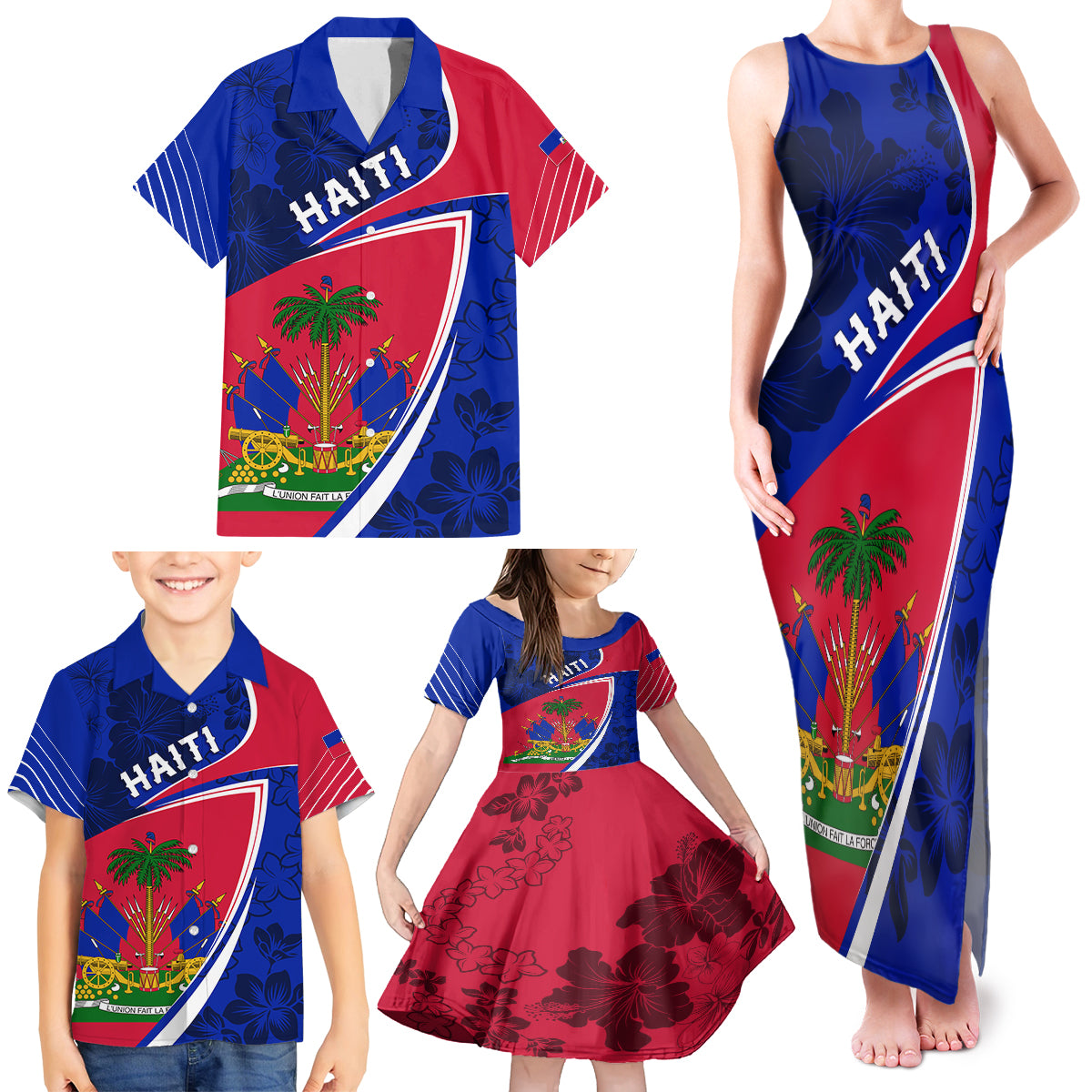 Personalised Haiti Independence Anniversary Family Matching Tank Maxi Dress and Hawaiian Shirt Mix Hibiscus - Flag Color - Wonder Print Shop