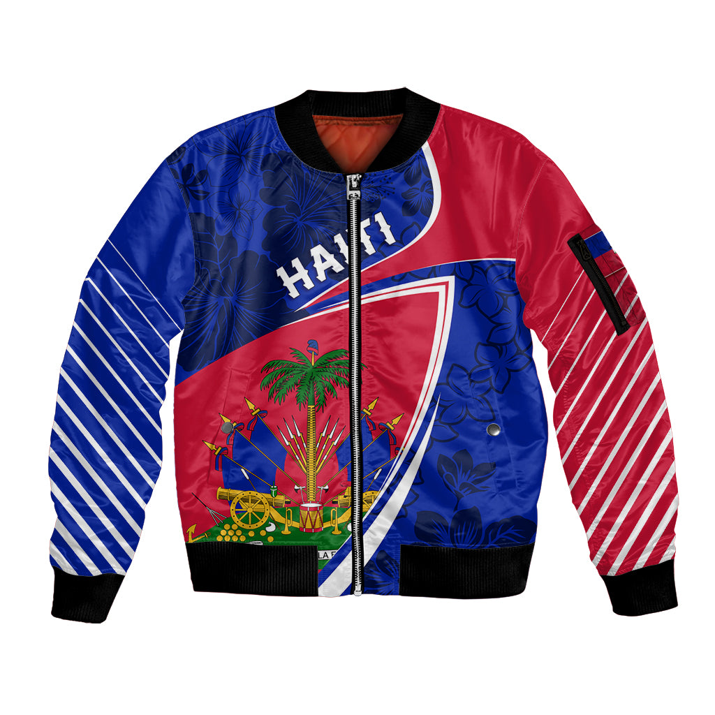 Personalised Haiti Independence Anniversary Sleeve Zip Bomber Jacket Mix Hibiscus - Flag Color - Wonder Print Shop