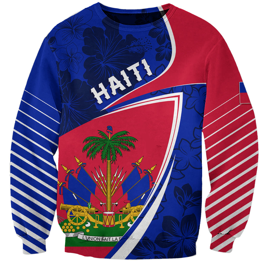 Unisex crewneck sweatshirt: blue/red flag graphic, floral print, striped sleeves