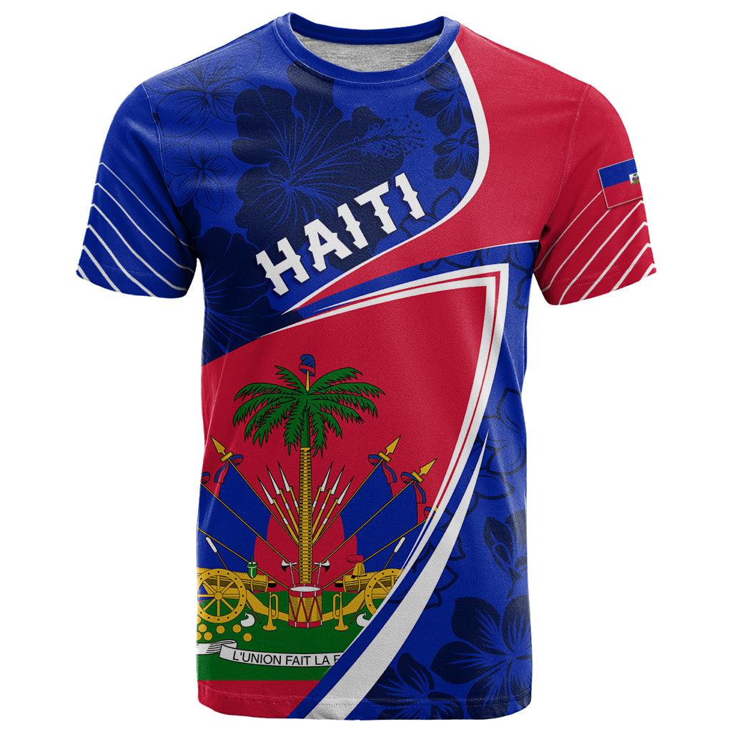Personalized Haiti flag T-shirt, blue and red front graphic with palm and hibiscus