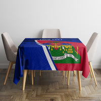 Blue dining tablecloth with Haiti flag centerpiece and red-green side panel.