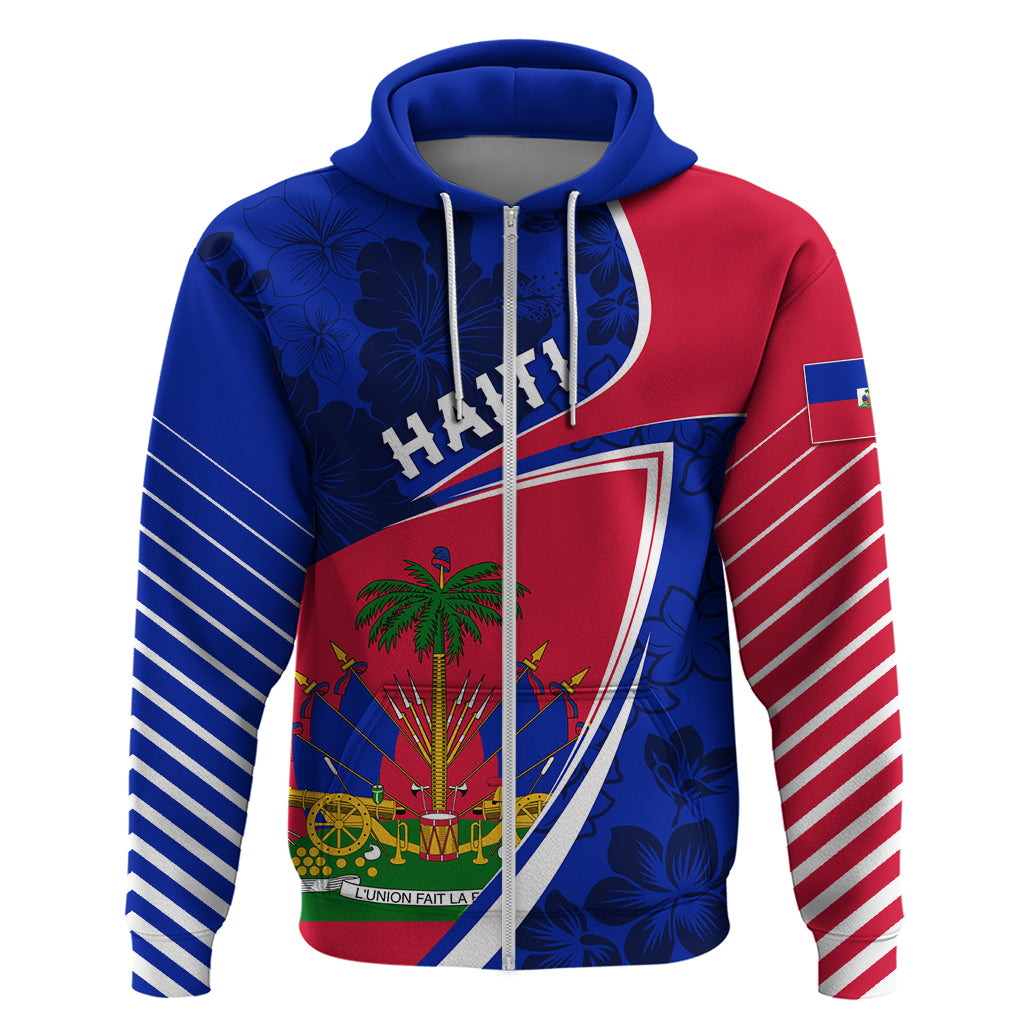 Personalized blue and red zip hoodie with Haitian flag shield and palm tree graphic