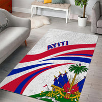 Haiti independence anniversary area rug in white with red and blue curved stripes plus AYITI crest