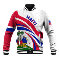 White-red baseball jacket with Haiti graphic, snap front, ribbed cuffs and hem