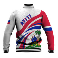 White-red baseball jacket, back view with Haiti graphic, striped sleeves, rib knit trim