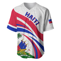 Baseball jersey with white base, red blue diagonal flag graphic and Haiti lettering