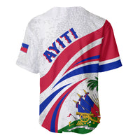Baseball jersey back view, white with red panel, blue wave stripes, Haiti print