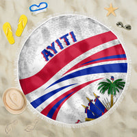 White round beach blanket with fringe edge, Haiti flag print