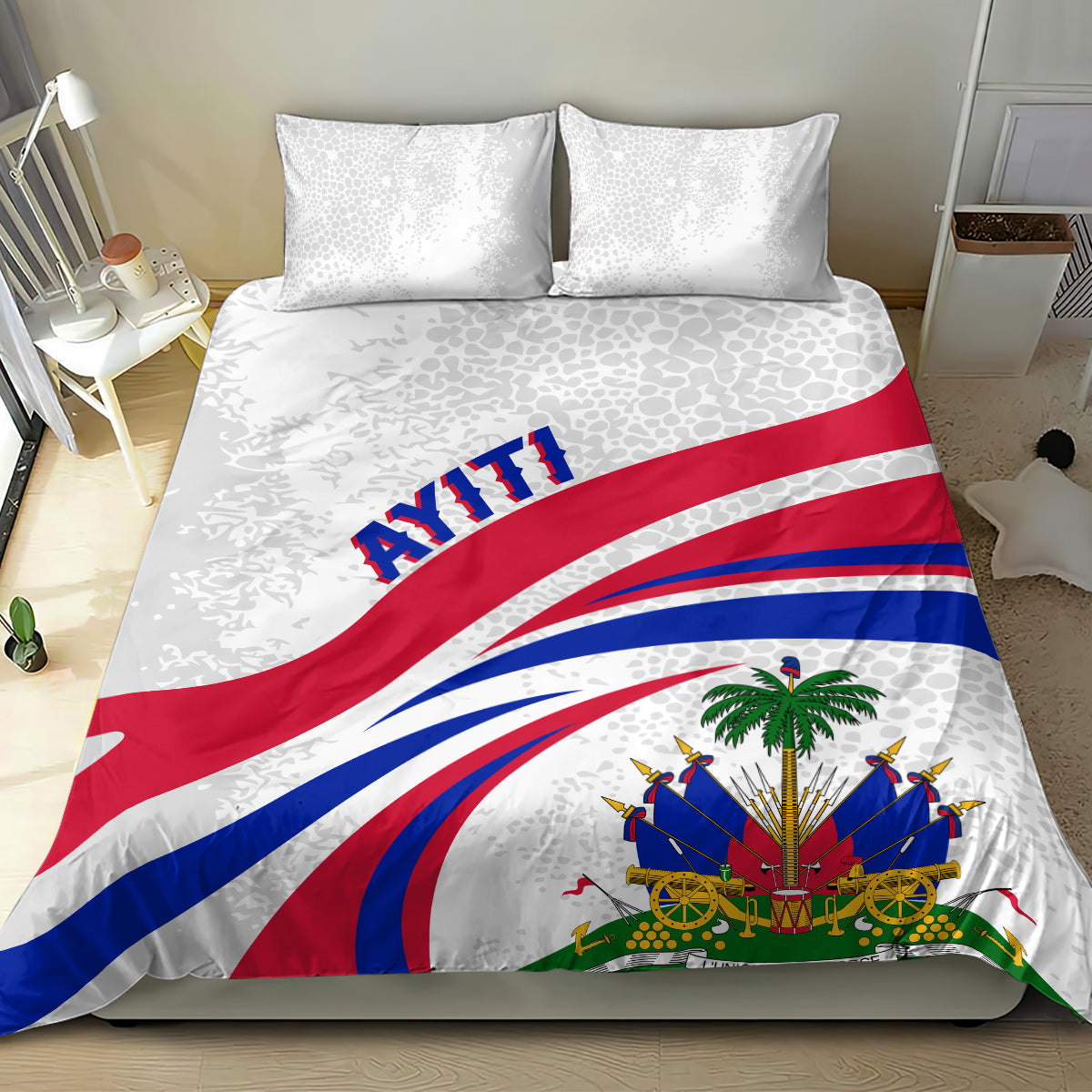 White duvet and pillow set with Haiti flag stripes and palm on front panel
