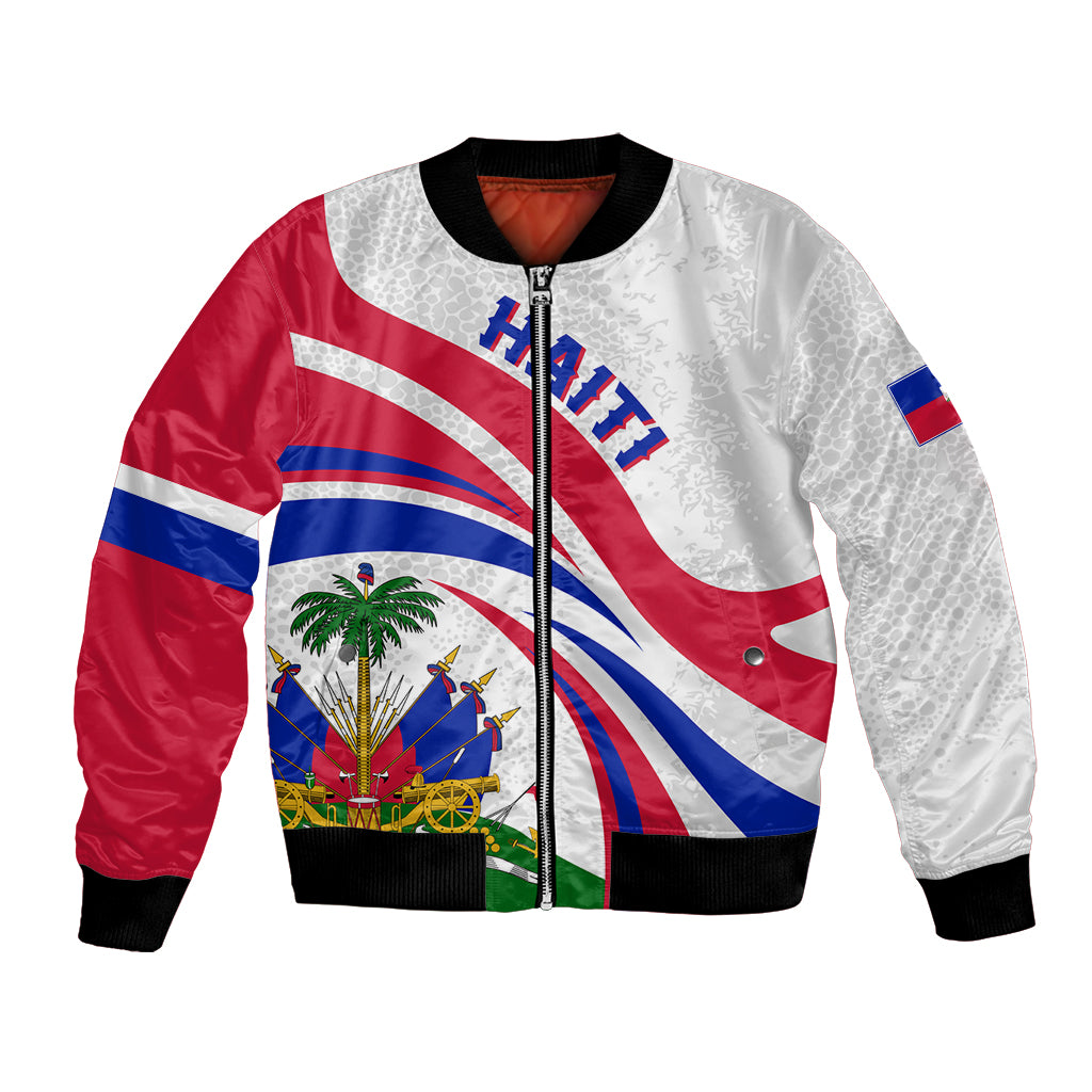 White bomber jacket with Haiti flag graphic, full zip, black ribbed cuffs and hem.