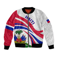 White bomber jacket with Haiti flag graphic, full zip, black ribbed cuffs and hem.