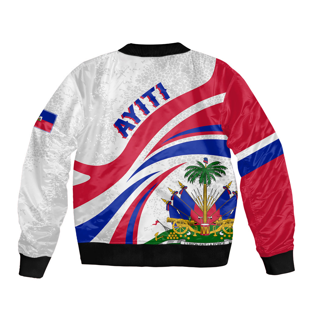 White bomber jacket with Haiti flag graphic on back, black ribbed collar and hem.