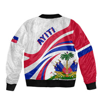 White bomber jacket with Haiti flag graphic on back, black ribbed collar and hem.
