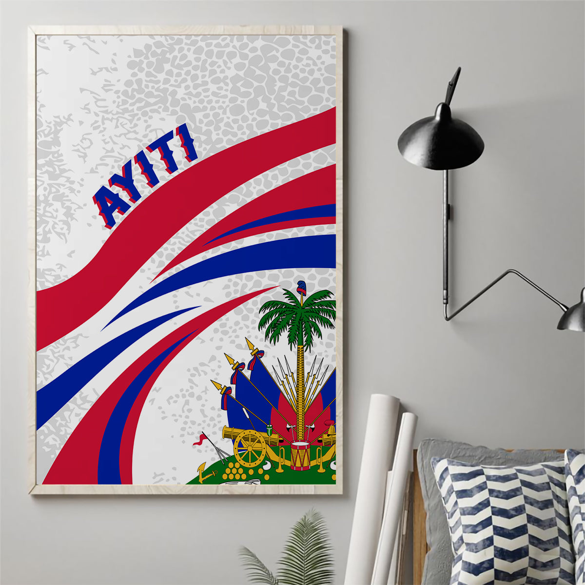 Framed flag canvas wall art with wave stripes, “AYITI” text, palm tree, and emblem details