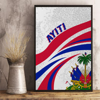 Black-framed flag canvas wall art with “AYITI” lettering, palm tree, and decorated emblem
