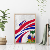Wood-framed flag canvas wall art with wave stripes, “AYITI” text, palm tree, and emblem