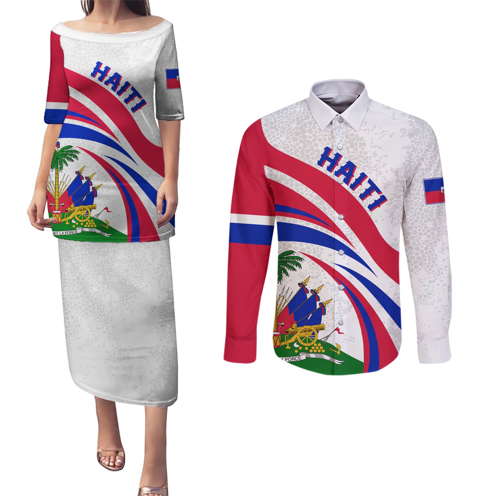 Haiti Independence Anniversary Couples Matching Puletasi and Long Sleeve Button Shirt Ayiti Basic Style LT7 - Wonder Print Shop