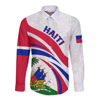 White long-sleeve button shirt with Haiti crest and curved flag graphic