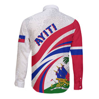 White long-sleeve button shirt back view with Haiti text and shield flag artwork