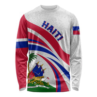 White long-sleeve shirt with Haiti emblem and flag-style stripe graphics, crew neck
