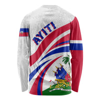 White long-sleeve shirt with large Haiti text and flag graphic on back, crew neck