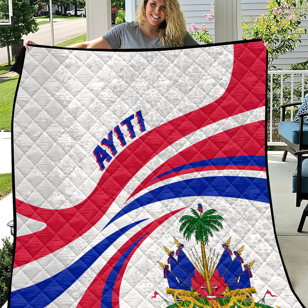 Haiti Independence quilt, white with red/blue flag curves, 'AYITI' text and coat-of-arms.