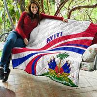 Haiti Independence quilt with white quilted texture, red/blue flag waves and 'AYITI'.