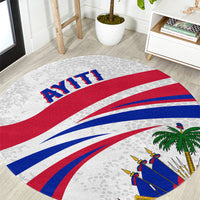 Round Haiti-themed area rug with gray base, red and blue flag stripes, and palms