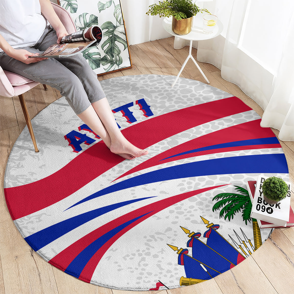 Round Haiti flag area rug with gray background, red/white/blue stripes, and emblem art