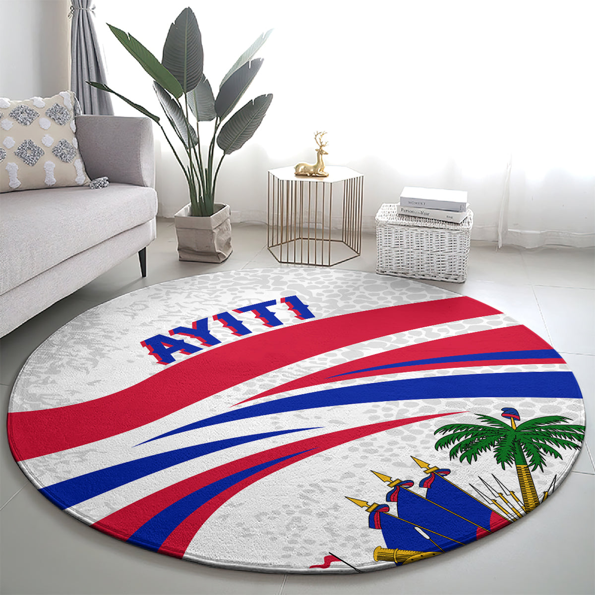 Round Haiti-themed rug on floor, gray with red and blue stripes and illustrated emblem
