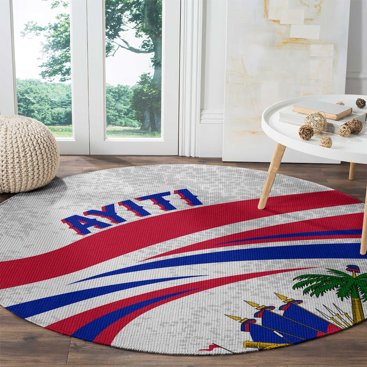 Round Haiti flag area rug, gray with bold red, white, and blue stripes and ship scene