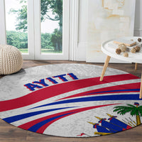 Round Haiti flag area rug, gray with bold red, white, and blue stripes and ship scene