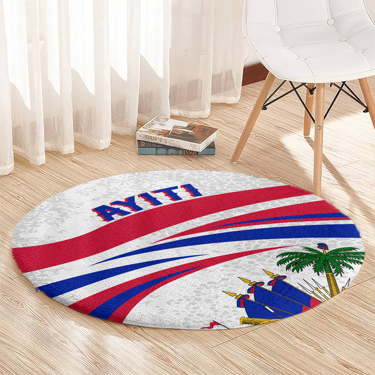 Round Haiti-themed area rug, gray ground with red/white/blue flag stripes and palm illustration