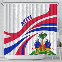 Shower curtain with Haiti lettering, red/white/blue stripes, and coat-of-arms with palm tree
