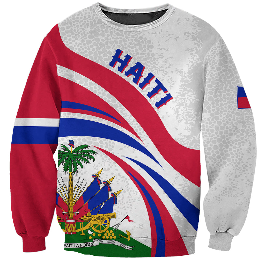 White sweatshirt with red sleeves and Haiti graphic front, long sleeves, crew neck