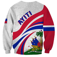 White sweatshirt with red sleeves and Haiti graphic back, long sleeves, crew neck