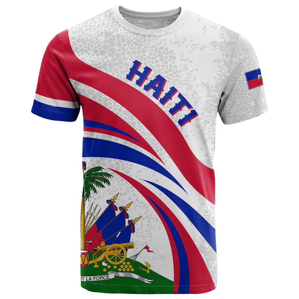 White Haiti Independence T-shirt with Haitian flag stripes and coat-of-arms graphic